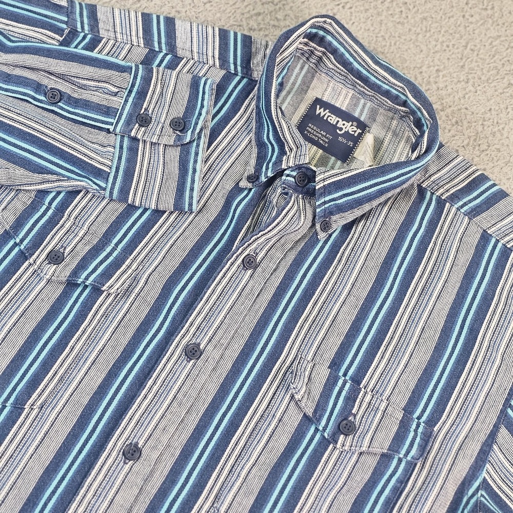 Vintage Wrangler Shirt Mens 16.5 Blue Striped Button Up Brushpropper Western USA